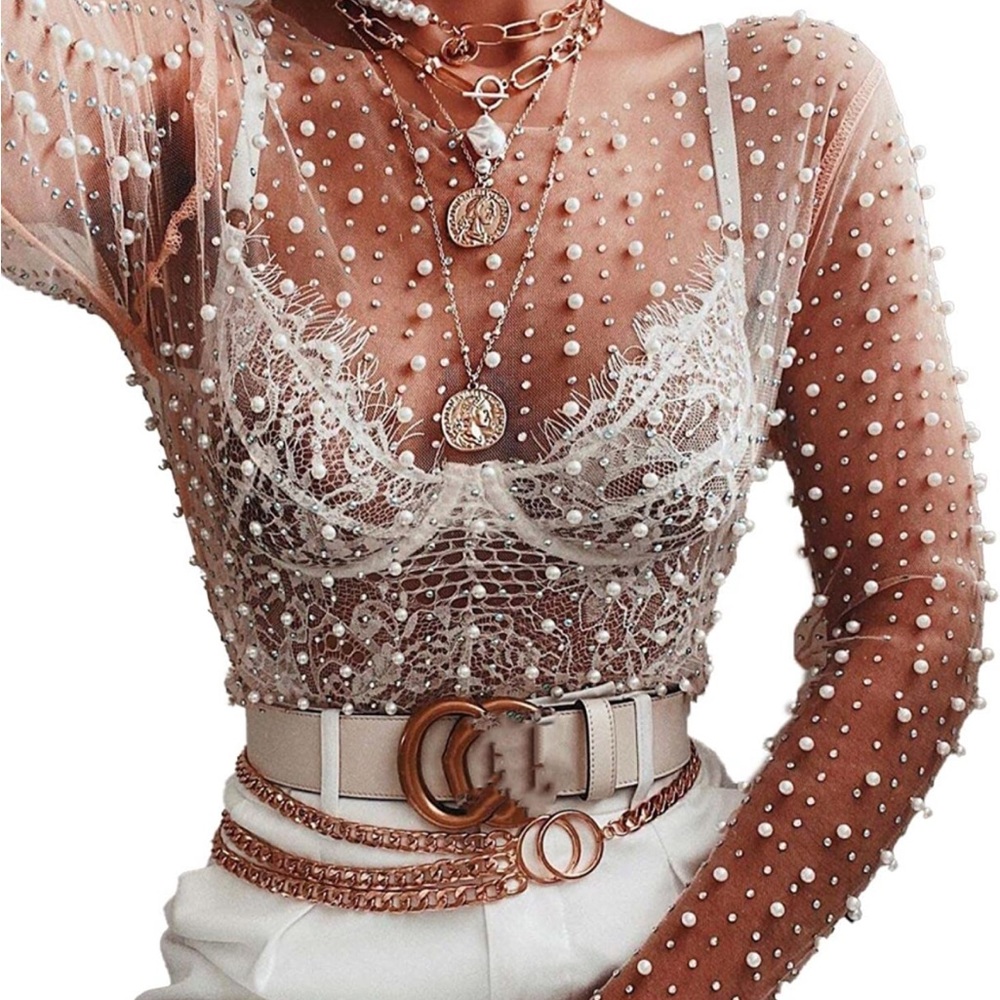 Sheer rhinestone/pearl top